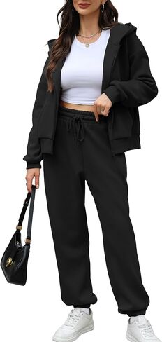 Saloogoe Sweatsuits Women 2 Piece Outfits 2024 Fall Fleece Sweatshirt Sets Zip Up Hoodie Sets Travel Lounge Sets in Kuwait