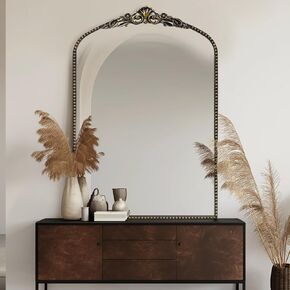G-LEAF Vintage Baroque Mirror 24"X36", Arched Mantel Mirror, Victorian Antique Mirror, Farmhouse Mirror with Black Brush Gold Ornate Metal Frame for Fireplace Entryway Living Room Hallway Bathroom