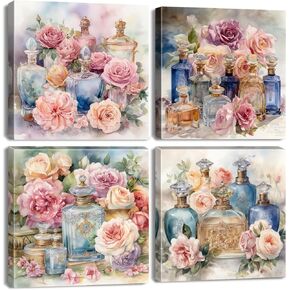 Yellow and Grey Bathroom Decor Vintage Rose Flower Wall Pictures for Living Room Canvas Romantic Floral Posters Bedroom Farmhouse Art Prints Flower Painting Artwork Kitchen Home Decoration 12x12" 4Pcs