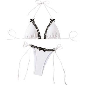 Women's 2 Piece Y2K Colorblock Bikini Halter Bow Front Bikini Set Triangle Beachwear Swimsuit High Cut Bathing Suit