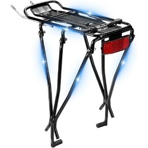 KEMIMOTO Bike Cargo Rack, Rear Bike Rack 24-27.5 in, Adjustable Length, Maximum Load 220lbs, Red Rear Reflective Light, Three-Bracket Design, Aluminum Alloy