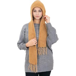Women's Winter Woolen Beanie Hat Soft Warm with Plaid Tassel Scarf Beanie Fleece Cap with Attached Scarf for Women