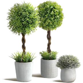 3Pcs Fake Plants 14.57 Inch, Artificial Boxwood Topiary Ball Tree in Cement Planter, Artificial Plants Indoor for Home Bathroom Bedroom Kitchen Office Room Decor
