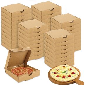 RHBLME 50 PACK Mini Pizza Boxes, 3.5 x 3.5 x 0.8 Inch Small Pizza Boxes Lock Corner Clay Coated Thin Pizza Box, Reusable Pizza Box for Mini Pizza Cookies Cake Party Favors Weddings