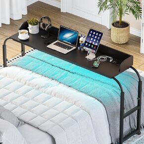 Overbed Table with Wheels and Charging Station up to 83", Rolling Medical Table with Light and Human Induction, Adjustable Overbed Desk Standing Workstation Laptop Cart