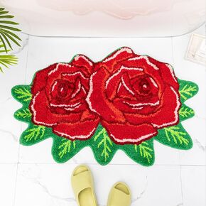 Yellow Bathroom Rugs Cute Rose Flower Shaped Bath Mat Green Leaf Decor Bath Rug Non Slip Floor Door Carpet Microfiber Bathmat Absorbent Washable Bathtub Mats for Shower Tub for Bathroom 25.6"x 25.6''