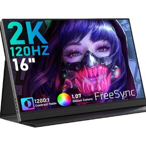 HONGO 2K 16" Portable Monitor, 2560x1600 120Hz Portable Gaming Monitor QHD Portable Laptop Monitor with VESA, HDR Laptop External Monitor IPS Second Screen, Travel Monitor for PS5 Phone Switch