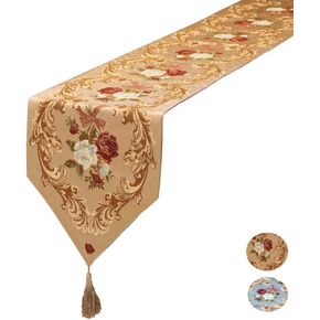 MAGILONA Home Tablecover Kitchen Decorative Luxurious Cotton Linen Embroidered 3D Floral Pattern Table Runner Tassel Dining Wedding Party 13x83 in (Coffee)