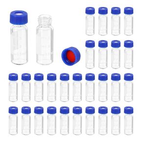 YOKIVE 100 Pcs Autosampler Vials, HPLC/GC Sample Vials with Screw Cap Writing Patch Graduation | Lab Supplies, Great for LC Stamper (Clear, 2-ml)