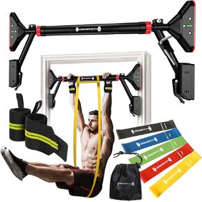 Pull Up Bar for Doorway with Resistance Bands & Wrist Wraps, Adjustable Chin Up Bar for Upper Body Workouts, 29.9" - 37.5" Locking Mechanism, No Screw Installation, Supports 880 lbs