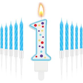 MTLEE Blue Number 2 Birthday Candle with 10 Long Thin Cupcake Candle Happy Birthday Cake Topper Boy Girl for Cakes Sweet Dots Party