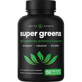 Organic Super Greens Capsules - 40+ Superfoods & Greens Supplements Capsules - Alfalfa, Spirulina, Chlorella & More - Antioxidant, Digestive Enzyme & Probiotic Blends - 150 Green Superfood Capsules
