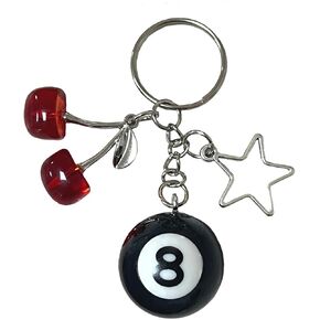 8 Ball keychain, Red Cherry Keychain, Eight Ball Keychain with Star, Pool Ball Keychain, Creative Key Chain, Number Eight Black Billiard Keyring (0.98in)