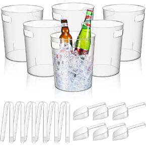18 Pieces Plastic Ice Buckets for Parties Clear Wine Bucket with Plastic Utility Ice Scoop Serving Tongs Large Wine Chiller Champagne Bucket Round Beverage Tub Bottle Drink Cooler with Handles (5 L)