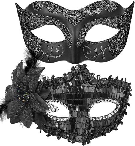 DomeStar 2PCS أقنعة تنكرية للزوجين، أقنعة تنكرية سوداء لامعة مع الريش البندقية in Kuwait