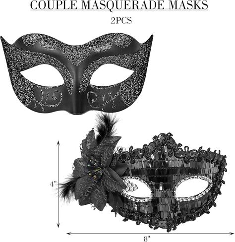 DomeStar 2PCS أقنعة تنكرية للزوجين، أقنعة تنكرية سوداء لامعة مع الريش البندقية in Kuwait