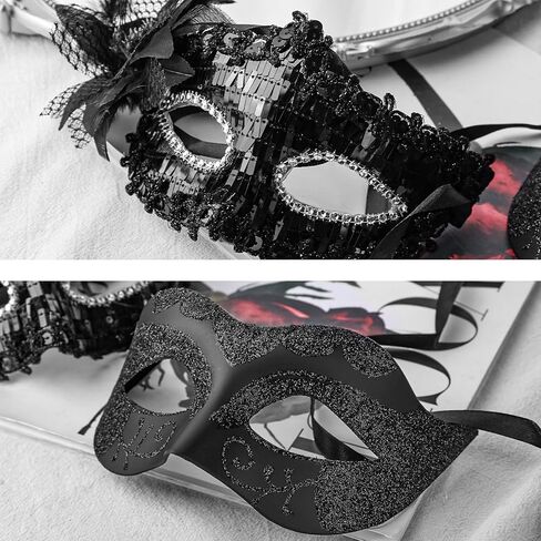 DomeStar 2PCS أقنعة تنكرية للزوجين، أقنعة تنكرية سوداء لامعة مع الريش البندقية in Kuwait