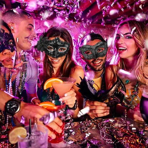 DomeStar 2PCS أقنعة تنكرية للزوجين، أقنعة تنكرية سوداء لامعة مع الريش البندقية in Kuwait