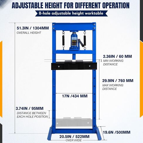 Hydraulic Press, 12 Ton H-Frame Adjustable Garage Hydraulic Shop Press with 2 Press Plates, Relief Valve, Blue in Saudi Arabia
