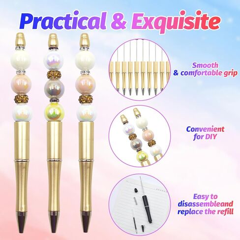 450 Pieces Beadable Pens - 150 Plastic Beadable Pens Bulk, Refills & Pen Bags Included - Beaded Pens Kit Cute Ballpoint Pens Black Ink - DIY Pens for Students & Teachers (Multicolor) in Kuwait