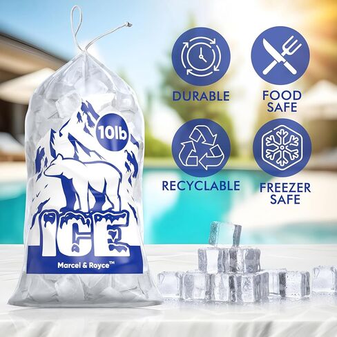 أكياس ثلج بلاستيكية برباط 10 رطل 100 عبوة من مارسيل ورويس | أكياس مكعبات الثلج الشفافة لتخزين الثلج | أكياس الثلج الثقيلة لآلة صنع الثلج | أكياس ثلج قابلة لإعادة الاستخدام وخالية من مادة BPA in Kuwait