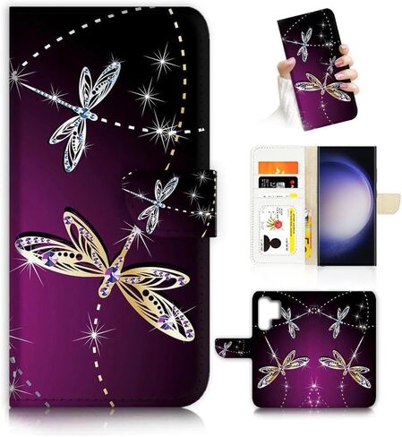 لهاتف Samsung S23 Ultra، Samsung Galaxy S23 Ultra، غطاء بتصميم فني على شكل محفظة قلابة على شكل زهرة وفراشة حماية لكامل الجسم AD003 (#24886 Purple Rose Flower s23u) in Kuwait