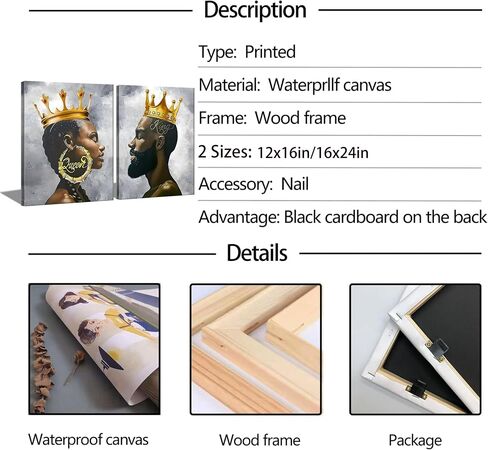 ZJJARTYB 2 Pcs African King and Queen Wall Art Black Couple Canvas Prints African American Love Poster Black Girl Black Man Wall Decor Painting for Living Room Bedroom Bathroom 12x16in Unframed in Saudi Arabia