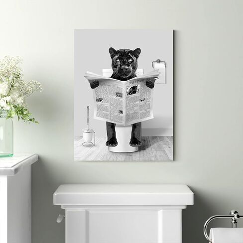 Funny Deer Bathroom Wall Art Decor Smart Elk Sitting in Toilet Reading Newspaper Painting Posters Black and White Canvas Humor Animal Photo Pictures Modern Gray Bathroom Toilet Wall Decor 12x16inches in Saudi Arabia