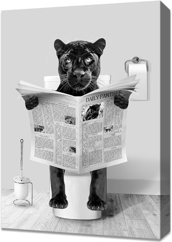 Funny Deer Bathroom Wall Art Decor Smart Elk Sitting in Toilet Reading Newspaper Painting Posters Black and White Canvas Humor Animal Photo Pictures Modern Gray Bathroom Toilet Wall Decor 12x16inches in Saudi Arabia