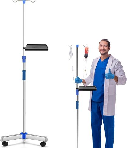 Nuanchu IV القطب مع عجلات وصينية قابل للتعديل IV حامل أقطاب طبية IV محمولة من الفولاذ المقاوم للصدأ حامل حامل IV لعيادة المستشفى والمنزل وممارسة تمريض الأطفال والعلاج in Saudi Arabia
