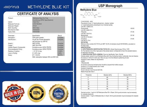 مجموعة مسحوق الميثيلين الأزرق، 8 جرام، تم اختباره من قبل طرف ثالث بنسبة 99+%، متوافق مع درجة USP، مكمل غذائي لصحة الدماغ للبشر، خالٍ من الفورمالديهايد، بما في ذلك أكواب القياس والقمع in Kuwait