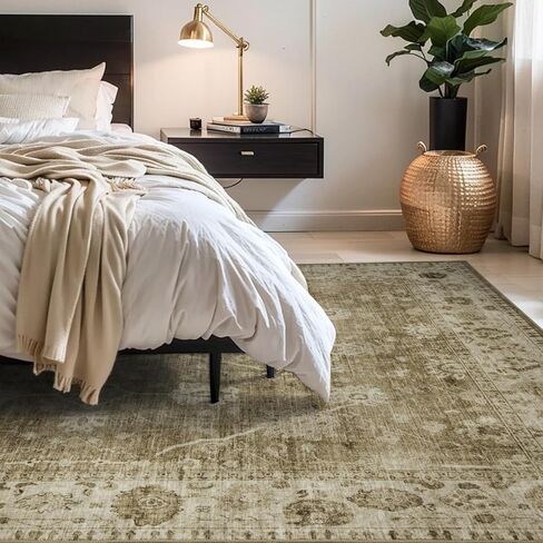 AMOAMI-Washable Area Rugs 5'x7' for Living Room Large Area Rug Low Pile Non-Slip Vintage Carpet for Living Room Bedroom Dining Room Rug Brown in Kuwait