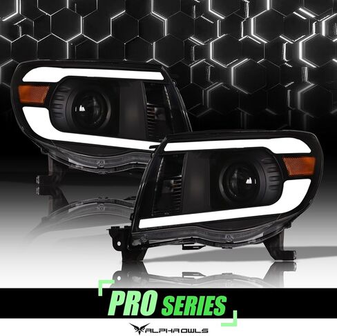 Alpha Owls 8717745 Crystal Headlights With White LED Light Bar - Black Amber Fits 2005-2011 Toyota Tacoma in Kuwait