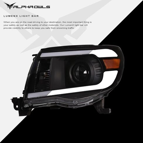 Alpha Owls 8717745 Crystal Headlights With White LED Light Bar - Black Amber Fits 2005-2011 Toyota Tacoma in Kuwait