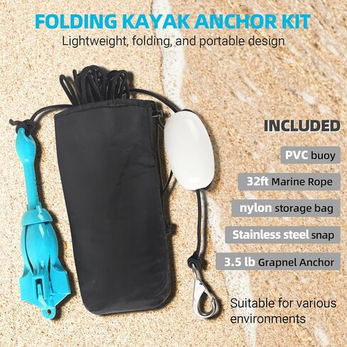 مرساة قابلة للطي مع مجموعة حبل، مرساة عنب متعددة الاستخدامات بوزن 3.5 رطل للقوارب المطاطية، قوارب الكاياك SUP الصغيرة، رحلات القوارب والزوارق، حبل بحري بطول 32 قدمًا مع عوامة علامة in Kuwait