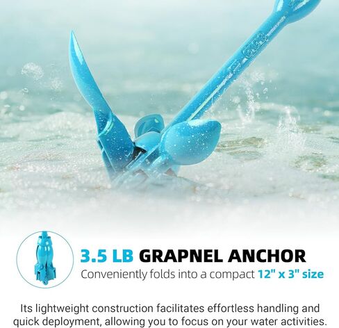 مرساة قابلة للطي مع مجموعة حبل، مرساة عنب متعددة الاستخدامات بوزن 3.5 رطل للقوارب المطاطية، قوارب الكاياك SUP الصغيرة، رحلات القوارب والزوارق، حبل بحري بطول 32 قدمًا مع عوامة علامة in Kuwait