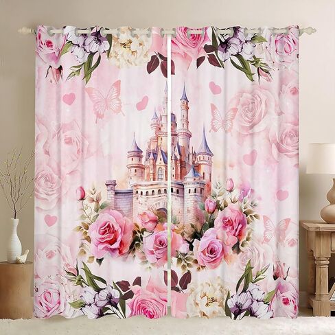 Princess Theme Window Drapes for Kids Girls Bedroom,Pink Castle Dreamy Window Treatments Microfiber Polyester 42Wx63L Inches,Flowers Garden Fairy Tale Window Curtains (Not Blackout) in Kuwait