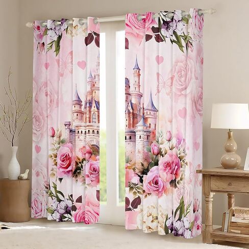 Princess Theme Window Drapes for Kids Girls Bedroom,Pink Castle Dreamy Window Treatments Microfiber Polyester 42Wx63L Inches,Flowers Garden Fairy Tale Window Curtains (Not Blackout) in Kuwait