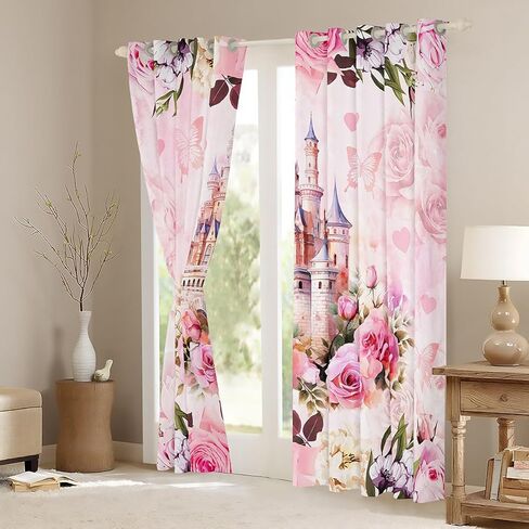 Princess Theme Window Drapes for Kids Girls Bedroom,Pink Castle Dreamy Window Treatments Microfiber Polyester 42Wx63L Inches,Flowers Garden Fairy Tale Window Curtains (Not Blackout) in Kuwait