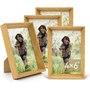 6x8 Picture Frame Set of 4, Wood Photo Frame Covered by Plexiglass for 6x8 Pictures, Paintings and Home Décor, Suitable for Tabletop and Wall Mounting Display (Burlywood)