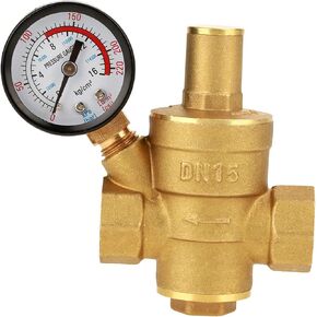 Water Pressure Regulator Valve, DN15 Brass RV Adjustable Water Pressure Reducer With Gauge Meter for RV Camper Travel Trailer