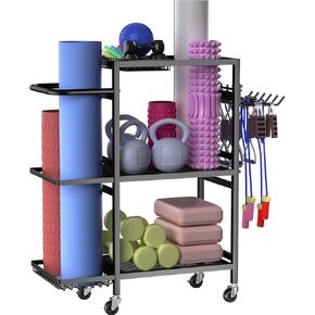 Home Gym Storage Rack, 3 Tier Yoga Mat Storage Rack with Wheel for Yoga Lover, Exercise Equipment and Workout Equipment Organizer, Yoga Mat Holder for Yoga Mats, Foam Roller and Dumbbells(Black)