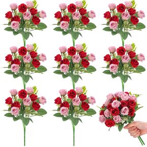 Zeyune 8 Bunches 12 in Artificial Mini Rose Bouquet Bridal Flower Bouquets Fake Roses Silk Roses for Home Office Garden Parties Wedding Mother's Day Decoration (Blue and White)