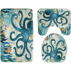 3 Pieces Soft Flannel Bathroom Mat Set Non-Slip Bathroom Rug Contour Mat Absorbent Toilet Mat Lid Cover Set Turtle