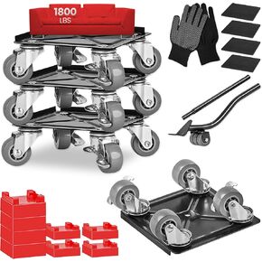 Heavy Duty Furniture Lifter, 4 Sets of Sliders with 4 Wheels Each for Easy Moving, Load Capacity up to 1800lbs, Appliance Moving Cart with Height Adjustable
