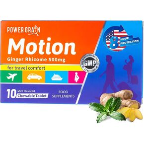 Motion Sickness Relief - 500mg Chewable Ginger Rhizome Tablets - Non-Drowsy Nausea & Vomiting Relief - Mint Flavored - 10 Tablets
