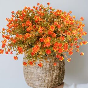 Artificial Fall Flowers Outdoor, 12 Bundles Outside Fall Flowers Fake Greenery UV Resistant Faux Plants for Home Garden Porch Patio Fall Decoration, Thanksgiving (12, Orange)