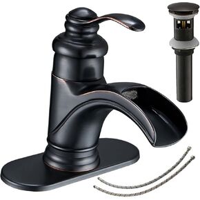 Black Bathroom Faucet Vessel Sink Faucet Waterfall Matte Black for 1 Sink Hole Deck Mount with Pop Up Drain Assembly Farmhouse Single Handle Vanity Lavatory Supply Hose Lead-Free