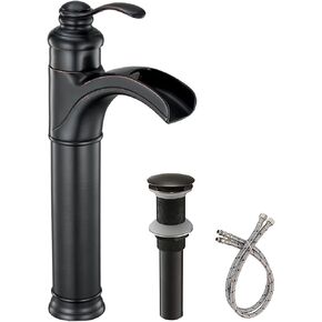 Black Bathroom Faucet Vessel Sink Faucet Waterfall Matte Black for 1 Sink Hole Deck Mount with Pop Up Drain Assembly Farmhouse Single Handle Vanity Lavatory Supply Hose Lead-Free