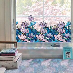 funlife Original Hand-Drawn Stained Glass Window Film, Double-Sided Static Cling Window Cling, Non-Adhesive Glass Windows Border Film Decor for Window Glass Door, 20.53" x 51.18", Spring Green Leaves